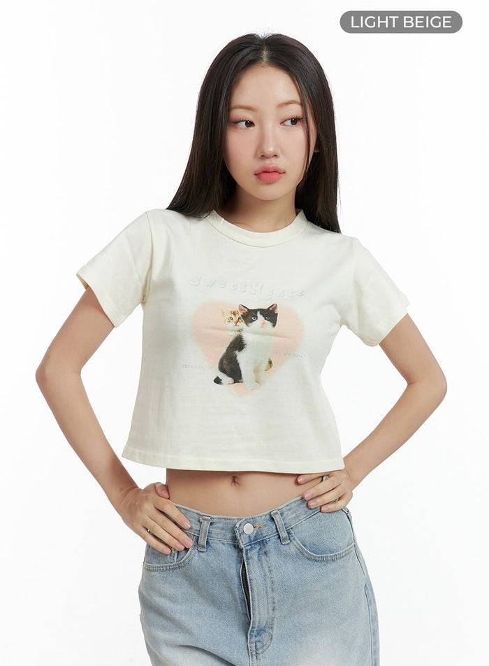 short-sleeve-animal-print-crop-tee-cl417 / Light beige