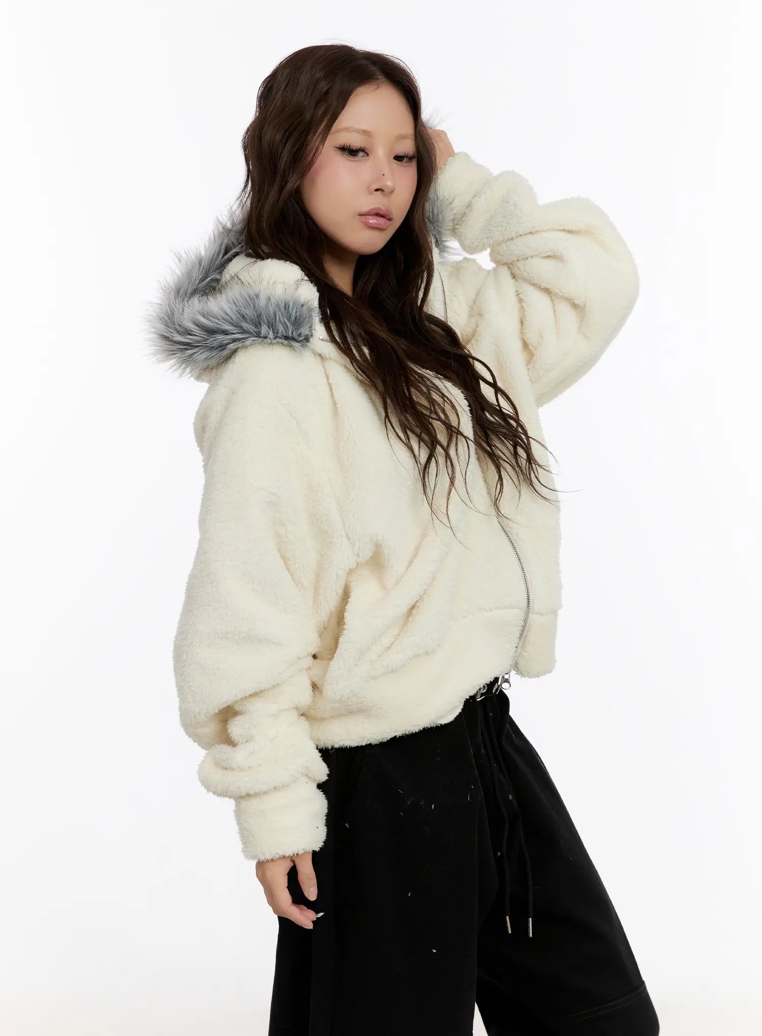 Faux Fur Fleece Zip-Up Hoodie CN527