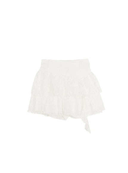 asymmetric-lace-ruffle-mini-skirt-cm519 / White