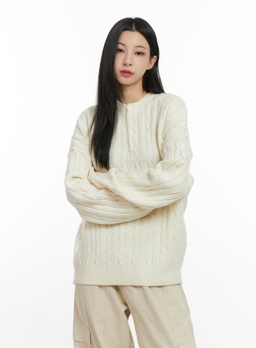 henley-neck-long-sleeve-sweater-cn416 / Light beige