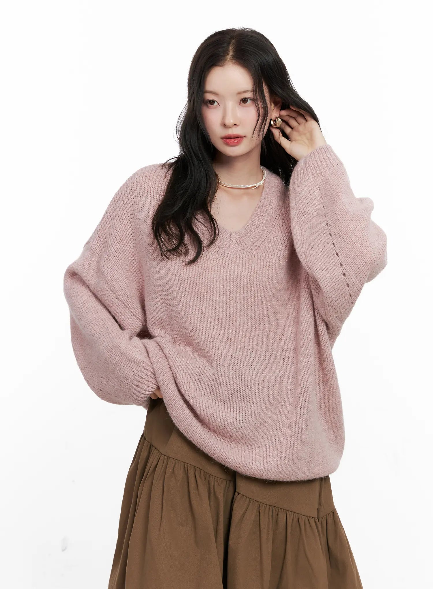 oversized-v-neck-knit-sweater-co530 / Pink
