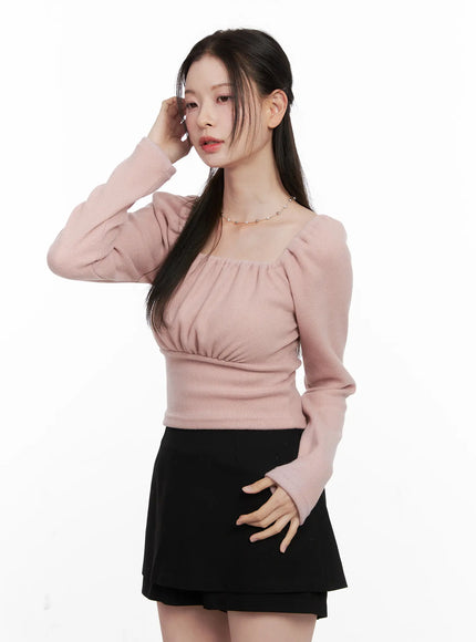 square-neck-shirred-long-sleeve-top-cn504 / Pink