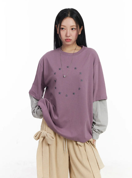 oversized-star-print-layered-long-sleeve-tee-cj514 / Purple