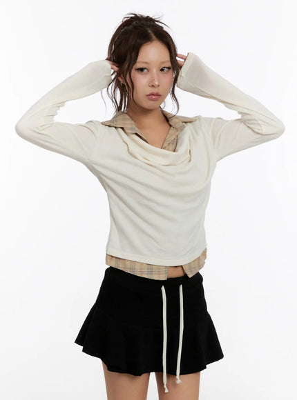 plaid-layered-long-sleeve-top-cn527 / White