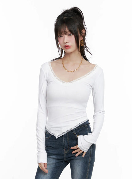 Slim Ribbed Lace Trim Top CG519