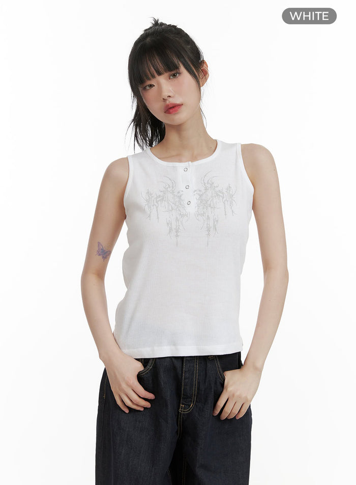 graphic-mid-buttoned-cotton-tank-top-cu410 / White