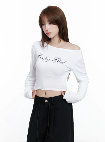 lucky-girl-one-shoulder-long-sleeve-top-cg529 / White