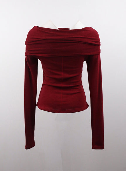 off-shoulder-solid-ruched-long-sleeve-top-with-ribbon-detail-cd329