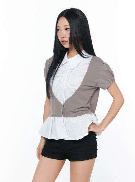 puff-frill-short-sleeve-blouse-cy513 / Beige