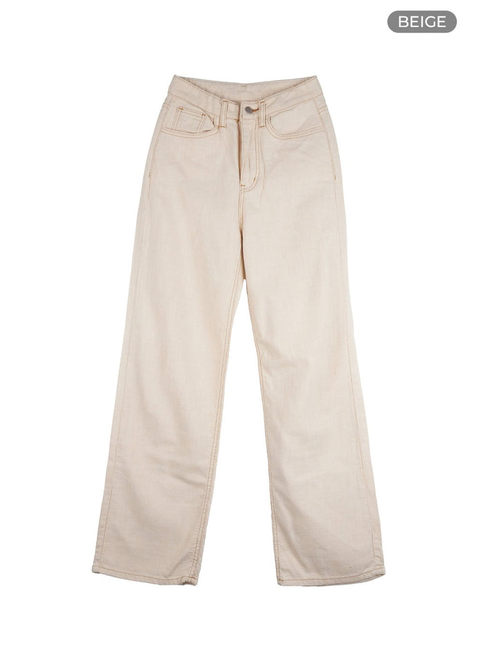 linen-cotton-straight-pants-ou419 / Beige