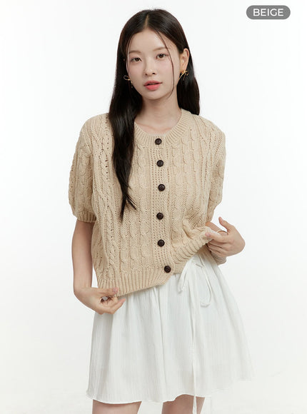 cable-knit-short-sleeve-cardigan-ol430 / Beige