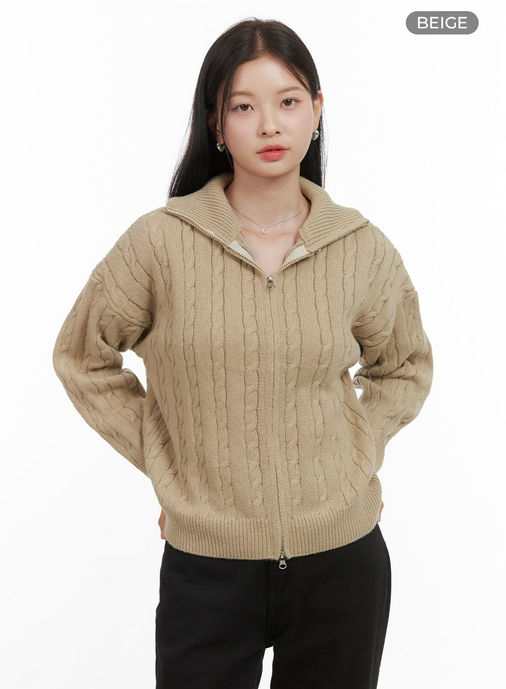 snugfit-cable-zip-up-sweater-os411 / Beige