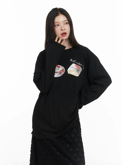 oversized-graphic-print-long-sleeve-top-cj507 / Black