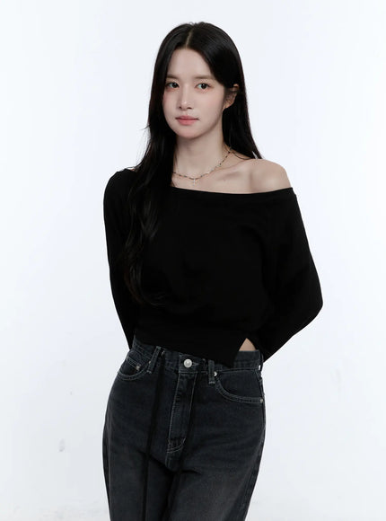 asymmetric-off-shoulder-sweatshirt-top-cg512 / Black