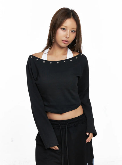 eyelet-off-shoulder-long-sleeve-crop-top-co510 / Black