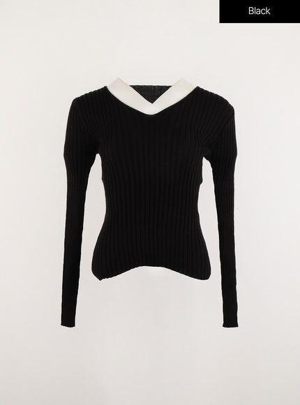 v-neck-wool-rib-sweater-od315 / Black