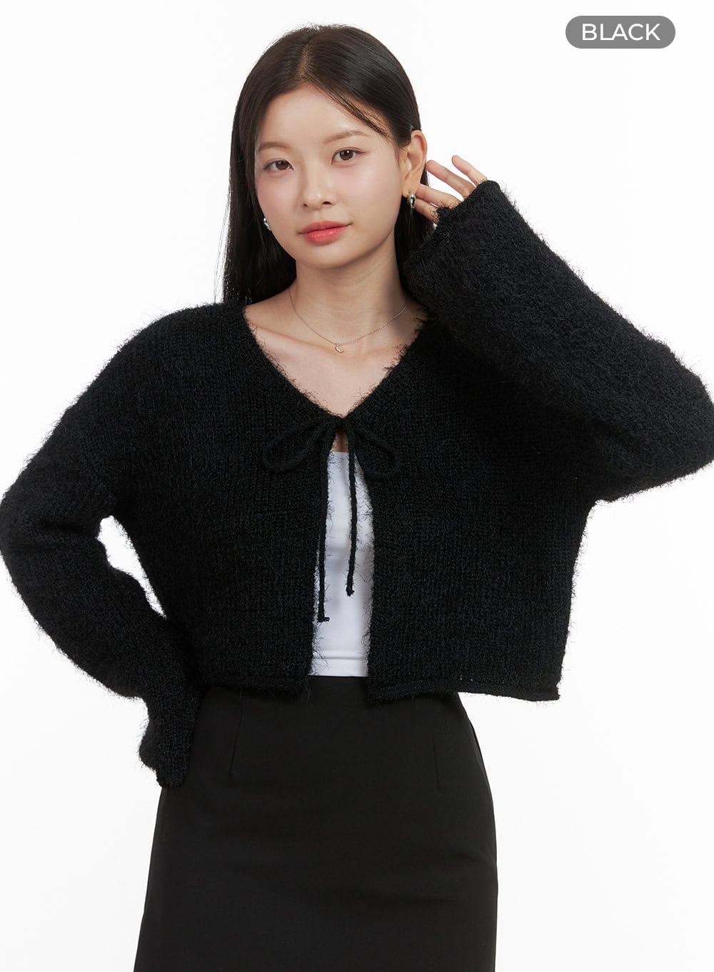 ribbon-trimmed-bolero-cardigan-os411 / Black