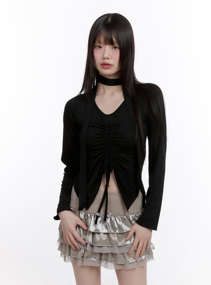 gathered-slim-fit-long-sleeve-top-cf512 / Black
