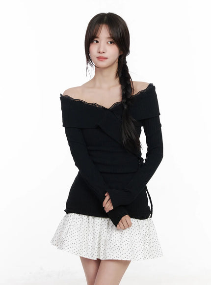 lace-off-shoulder-ribbed-top-cm527 / Black