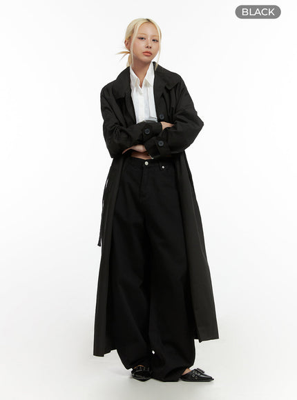 long-sleeve-solid-cotton-trench-coat-co414 / Black