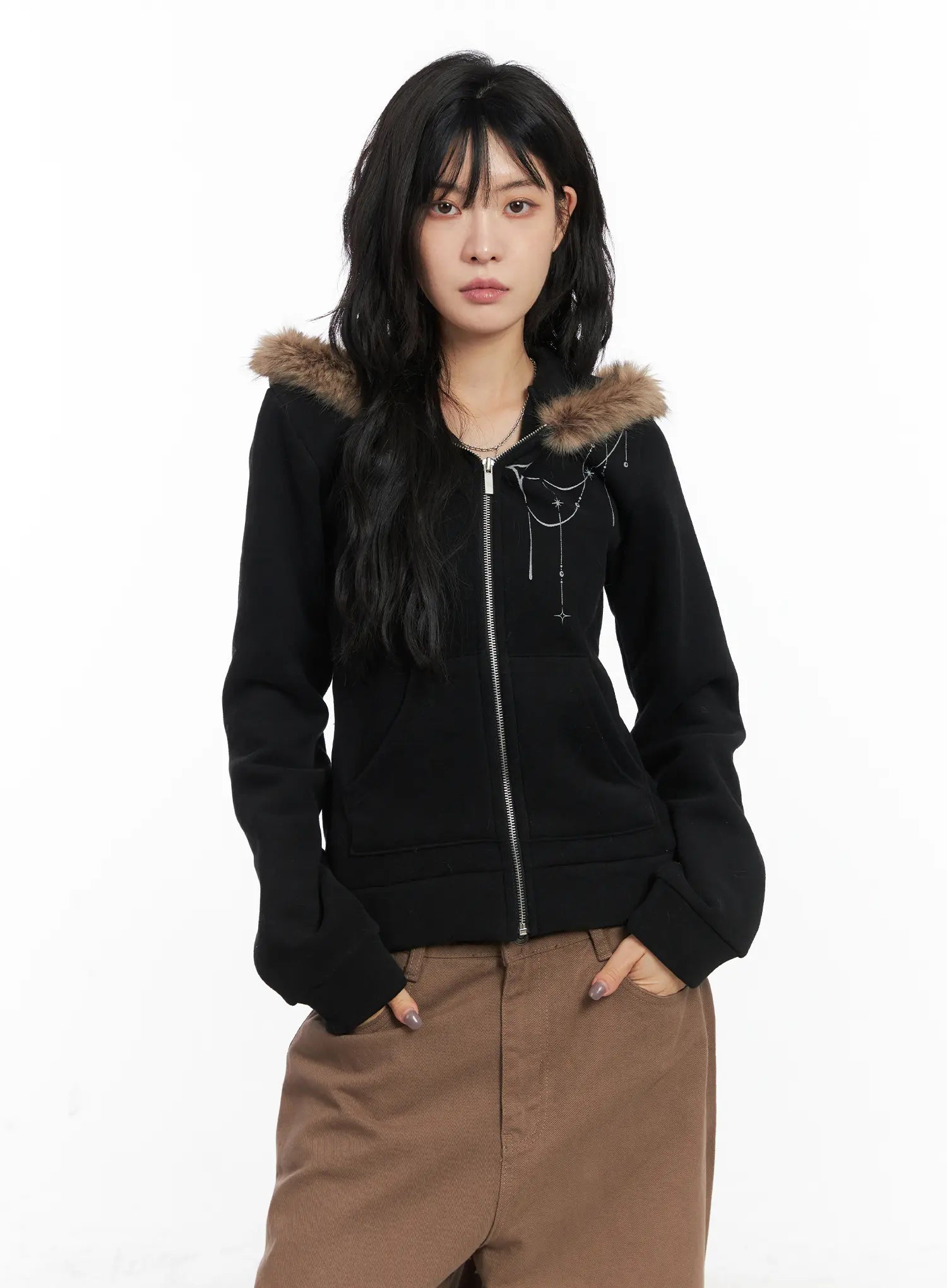 faux-fur-trim-cropped-hoodie-cn528 / Black