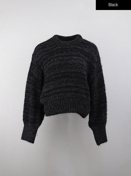 striped-knit-round-neckline-long-sleeve-top-cj409 / Black