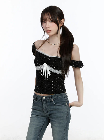 sweetheart-polka-dot-puff-sleeve-top-ca501 / Black