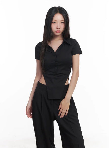 buttoned-collar-short-sleeve-shirt-cu517 / Black