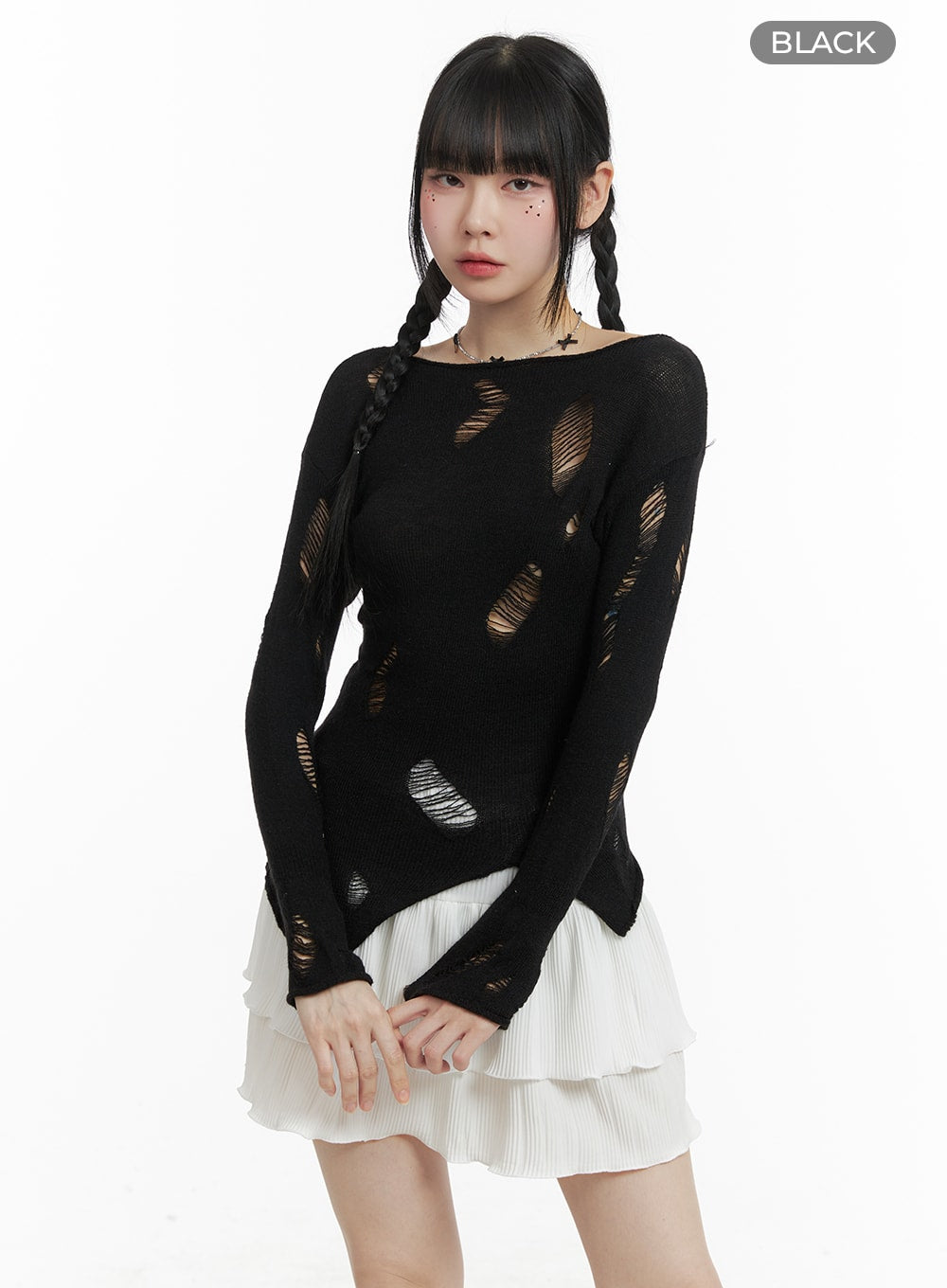 destroyed-unbalanced-edge-knit-top-om426 / Black