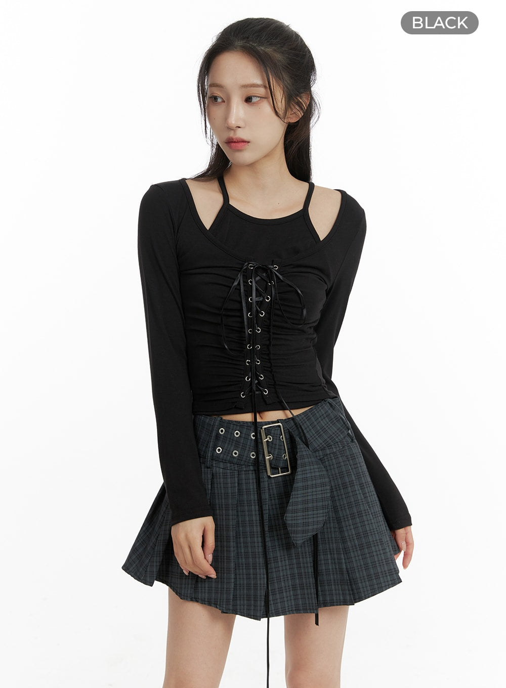 lace-up-halter-layered-top-cf429 / Black