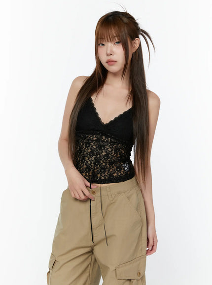 sheer-lace-front-tie-tank-cy519 / Black