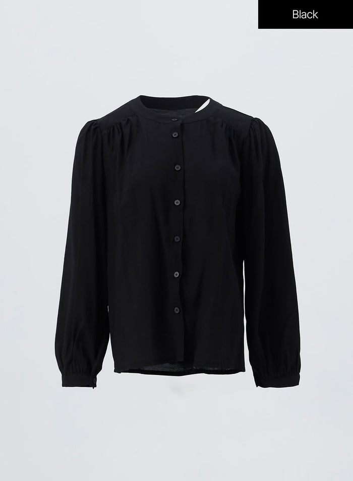 ruched-button-down-blouse-os326 / Black