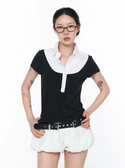 two-tone-collared-short-sleeve-tee-ca527 / Black