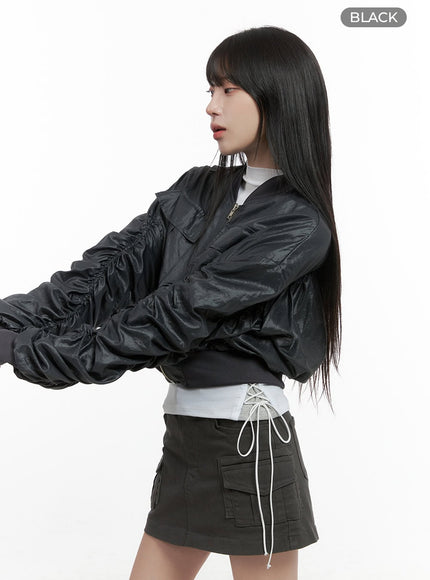 string-shirred-crop-jacket-cs419 / Black