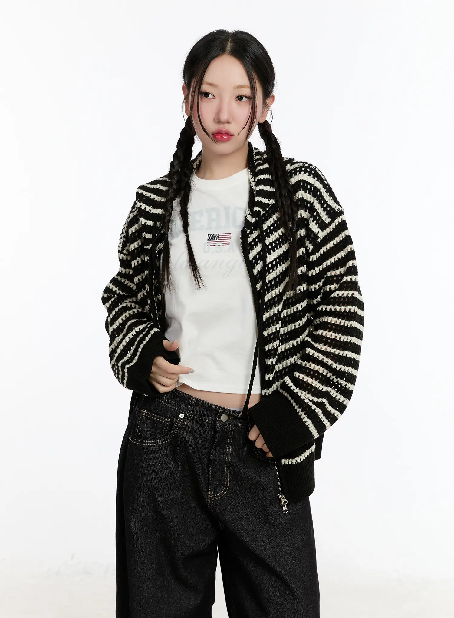 Striped Knit Hooded Cardigan CM511