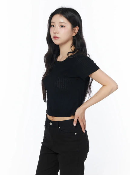 ribbed-lace-trim-top-cy522 / Black