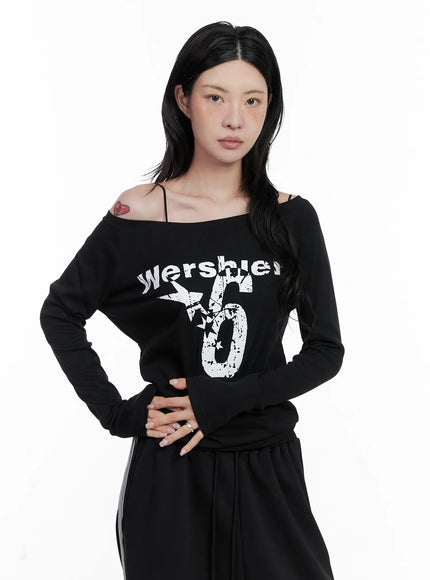 Graphic Off-Shoulder Long Sleeve Shirt CS529