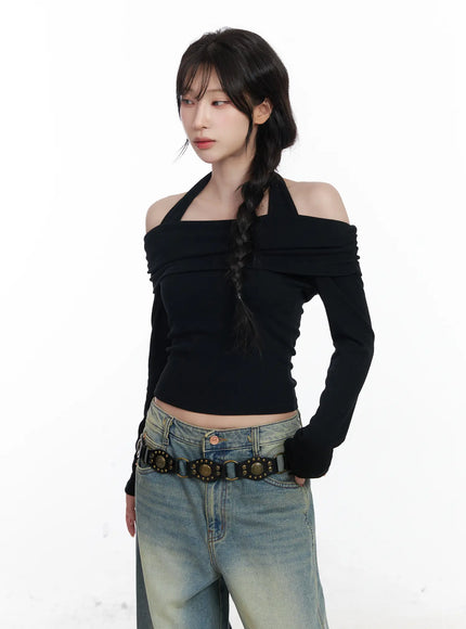 halter-shirred-off-shoulder-top-cj526 / Black