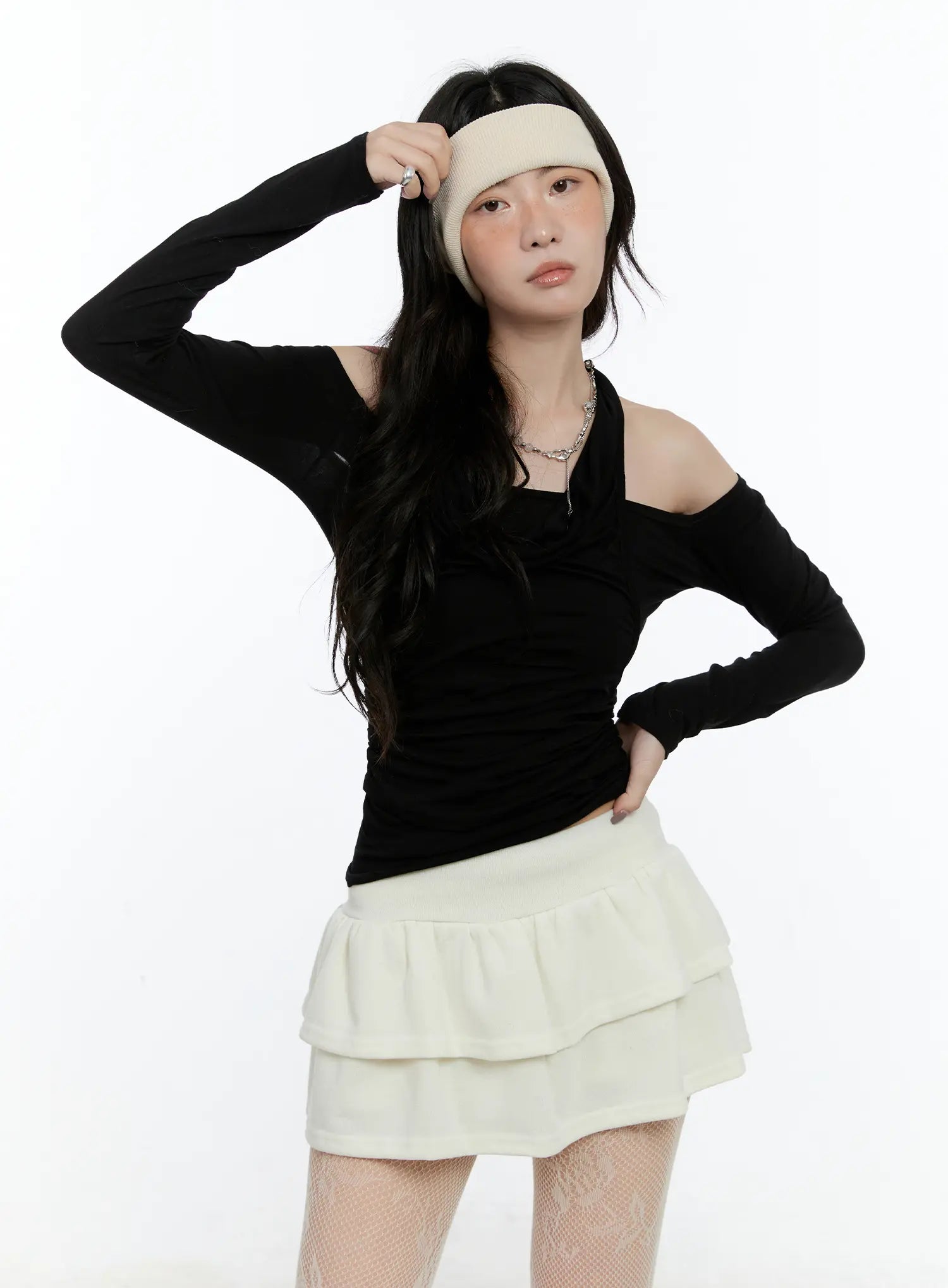 draped-halter-layered-long-sleeve-top-cn517 / Black