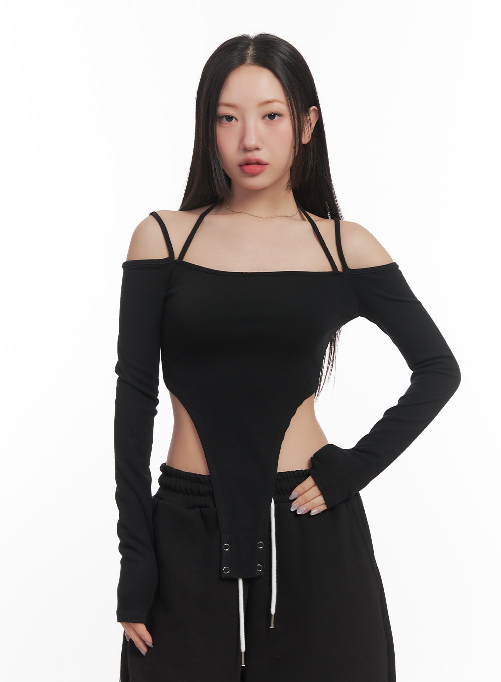 halter-string-cut-out-bodysuit-top-cf525 / Black