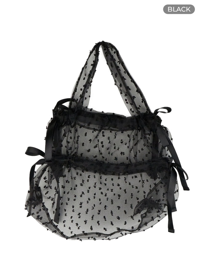 polka-dot-ribbon-mesh-tote-bag-oy427 / Black