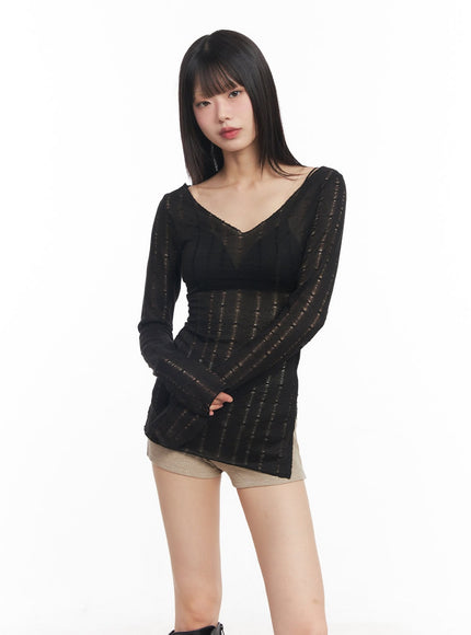 v-neck-slit-sheer-top-cy514 / Black