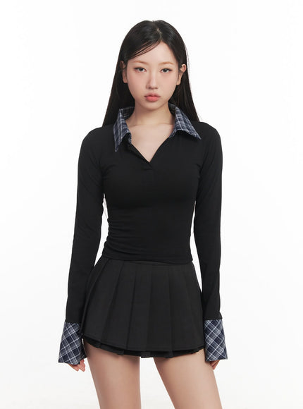 checkered-collar-long-sleeve-crop-top-cm531 / Black