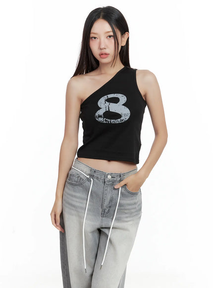 asymmetric-graphic-one-shoulder-tank-cl509 / Black