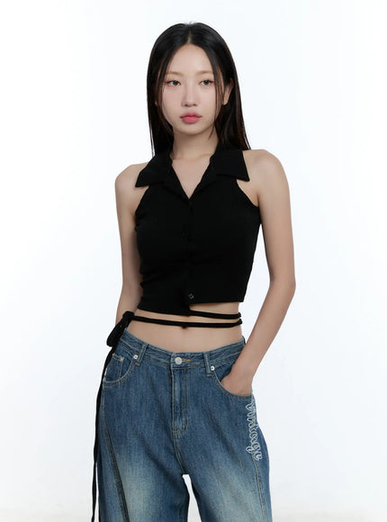 asymmetric-buttoned-collared-tank-top-cu527 / Black