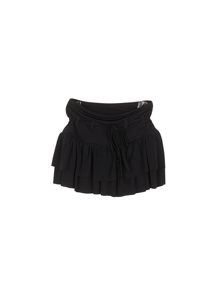 string-ribbon-ruffle-mini-skirt-ca522 / Black