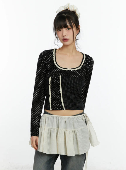 u-neck-polka-dot-lace-long-sleeve-top-cf509 / Black