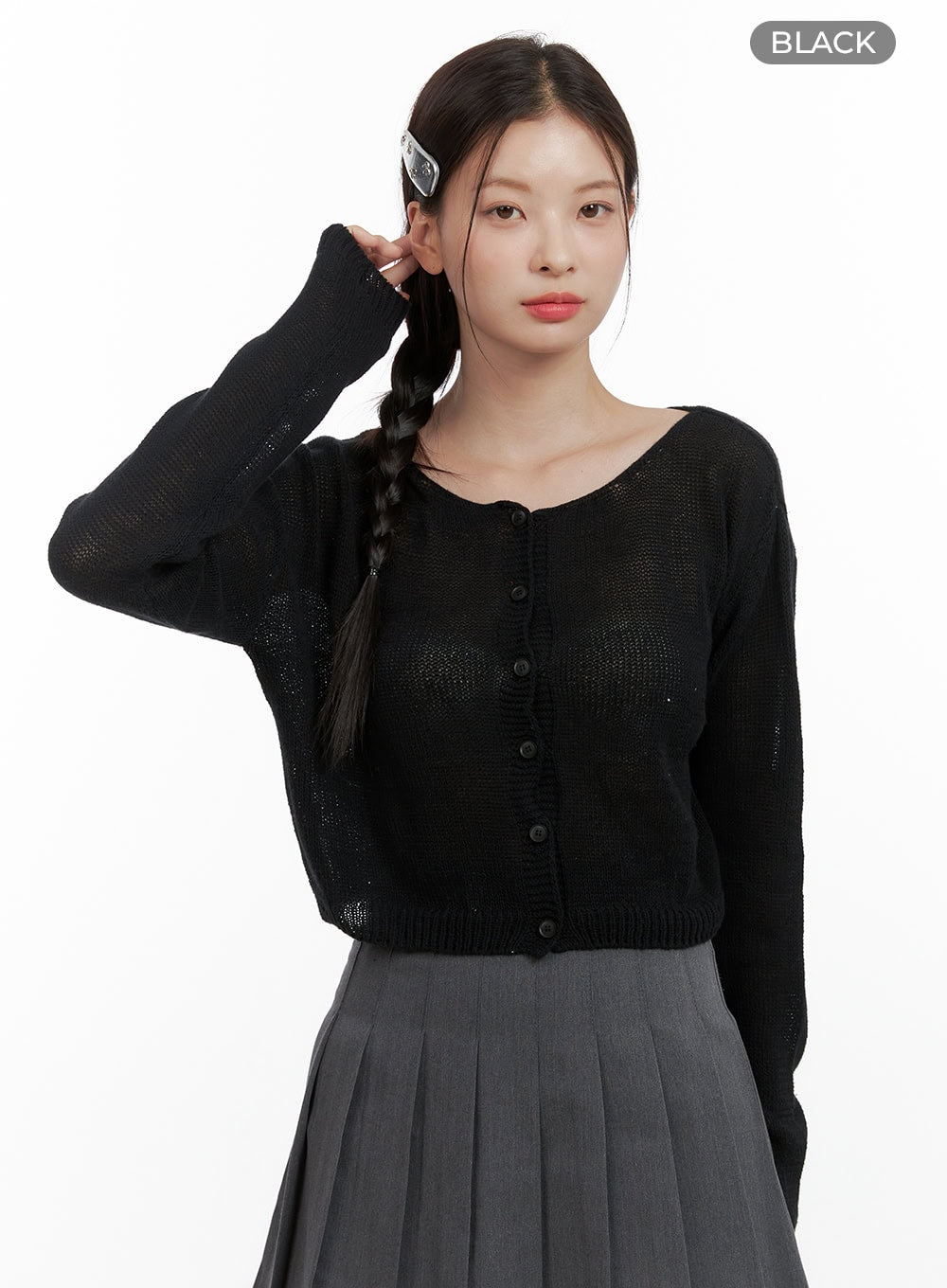 basic-summer-buttoned-mesh-cardigan-ol411 / Black