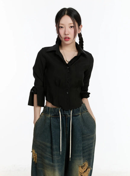 sheer-long-sleeve-crop-blouse-cm511 / Black