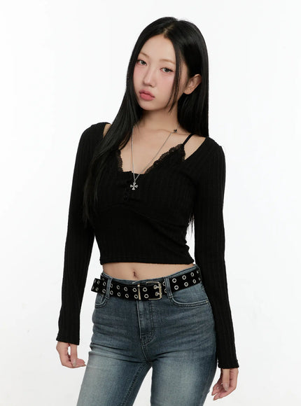 lace-trim-ribbed-cardigan-cn506 / Black